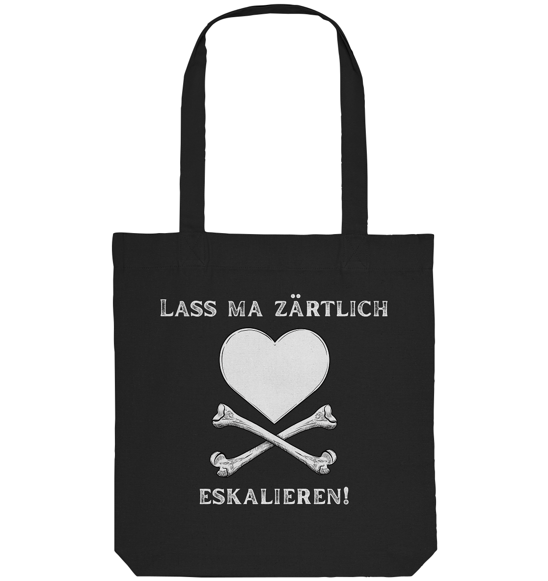 Die „Krawall + Zärtlichkeit“-Poetry-Slam-Baumwolltragetasche von Artbookings/Shirtigo zeigt ein weißes Herz mit gekreuzten Knochen und den Slogan „Lass ma zärtlich eskalieren!“ – perfekt für alle, die mutige, stilvolle Statements lieben.