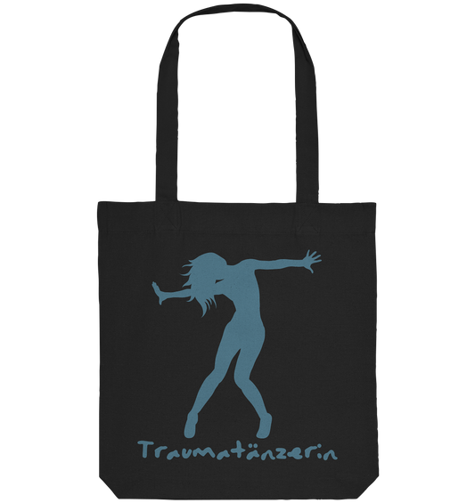 Schwarze „Traumatänzerin“-Tragetasche aus recycelter Baumwolle mit einem Spruch und einer darunter aufgedruckten blauen Silhouette einer tanzenden Person.