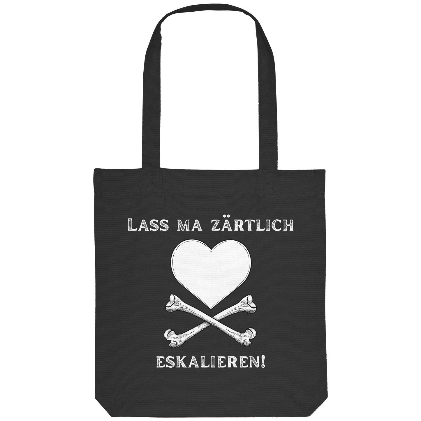 Der „Krawall + Zärtlichkeit Poetry Slam – Baumwolltragetasche – Lass ma zärtlich eskalieren“ von Artbookings/Shirtigo ist eine schwarze Baumwolltasche mit einem weißen Herz über gekreuzten Knochen und einem deutschen Text – perfekt für Poetry-Slam-Fans.