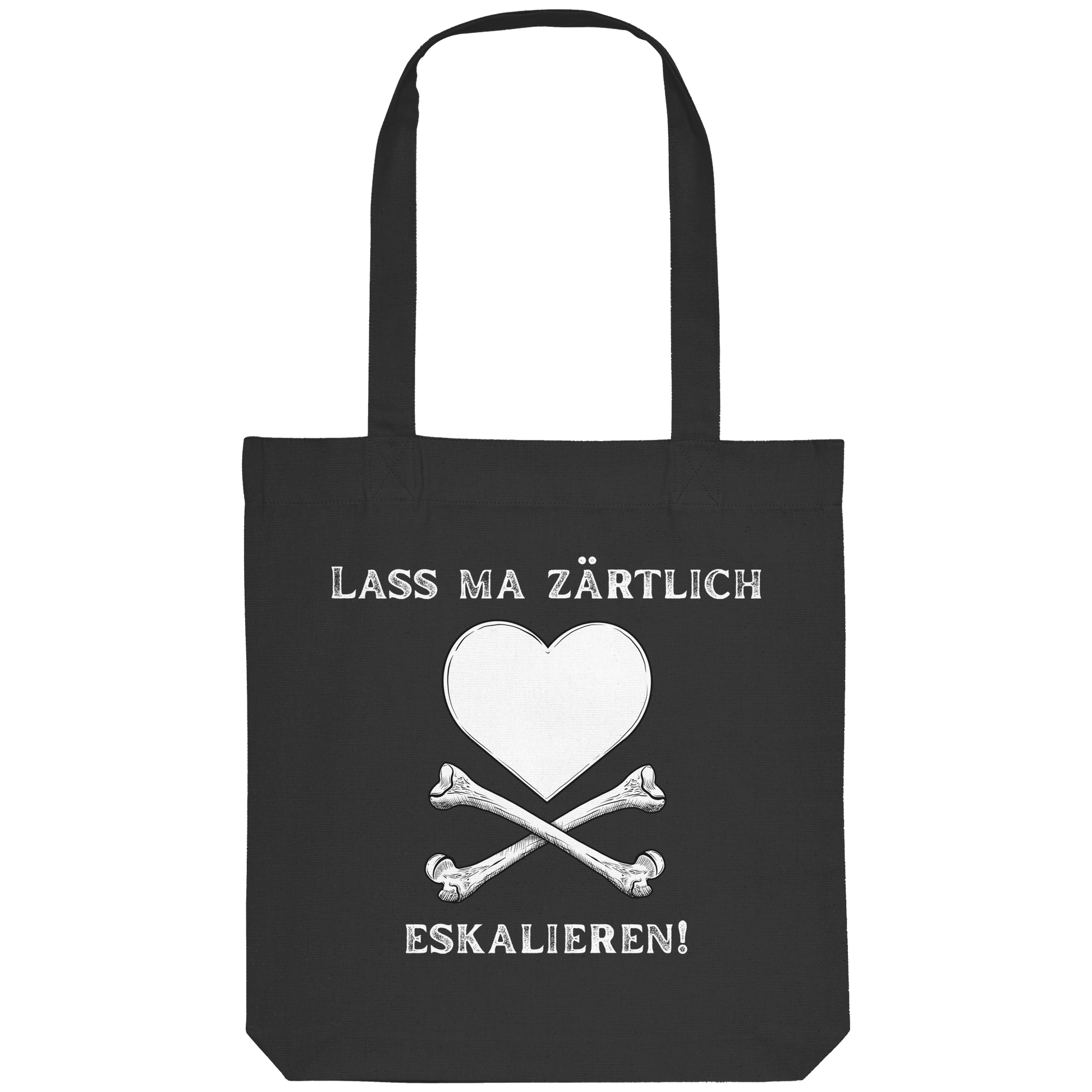 Der „Krawall + Zärtlichkeit Poetry Slam – Baumwolltragetasche – Lass ma zärtlich eskalieren“ von Artbookings/Shirtigo ist eine schwarze Baumwolltasche mit einem weißen Herz über gekreuzten Knochen und einem deutschen Text – perfekt für Poetry-Slam-Fans.