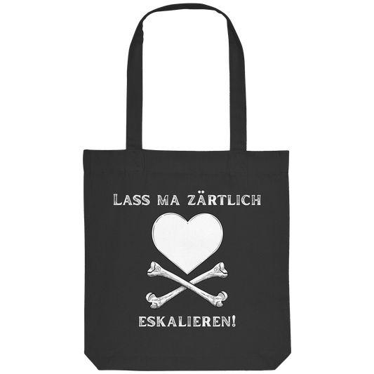 Der „Krawall + Zärtlichkeit Poetry Slam – Baumwolltragetasche – Lass ma zärtlich eskalieren“ von Artbookings/Shirtigo ist eine schwarze Baumwolltasche mit einem weißen Herz über gekreuzten Knochen und einem deutschen Text – perfekt für Poetry-Slam-Fans.