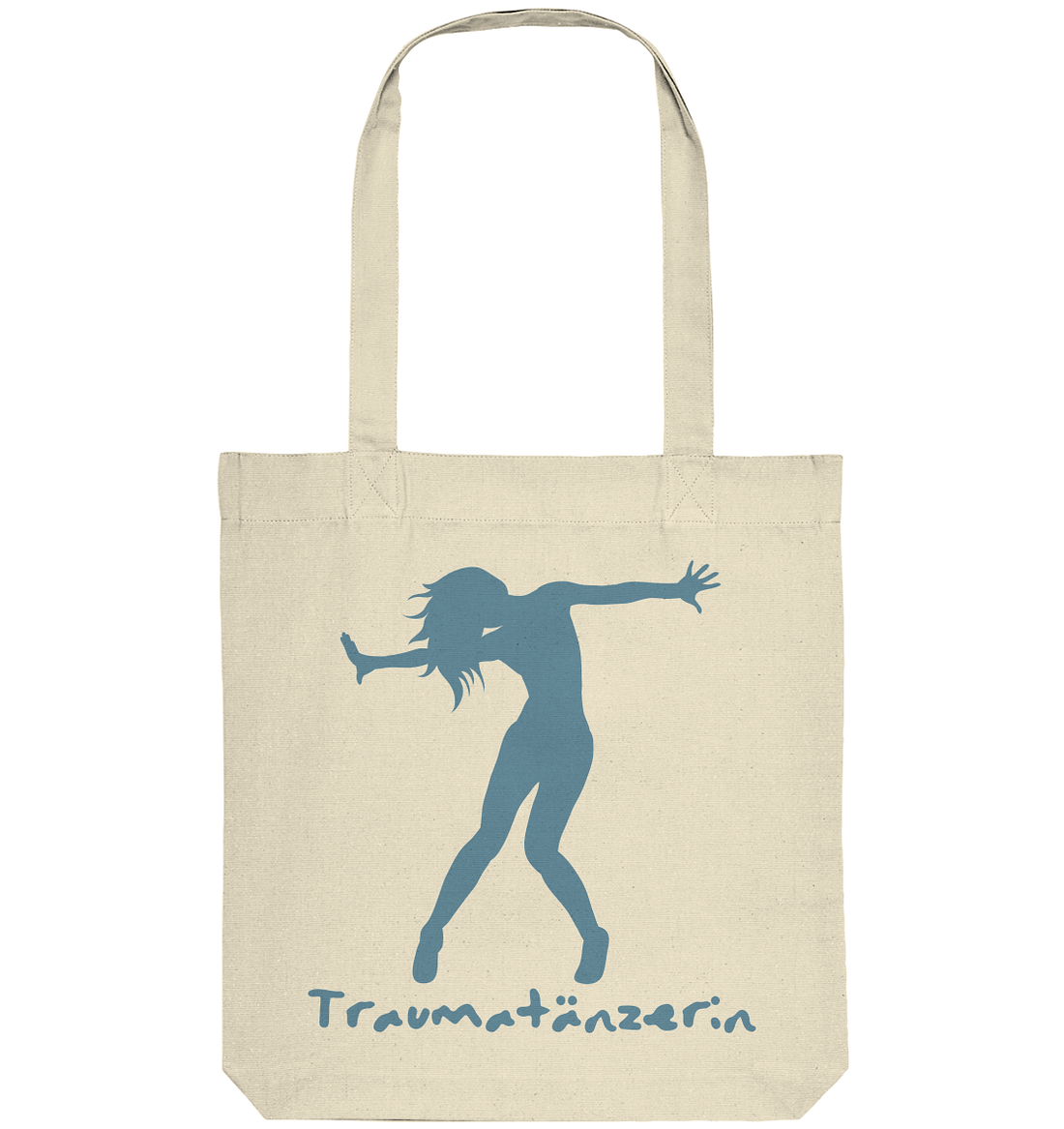 Traumatänzerin | Baumwoll-Tragetasche mit einem blauen grafischen Motiv aus tanzenden Silhouetten und dem Schriftzug „Traumatänzerin“.