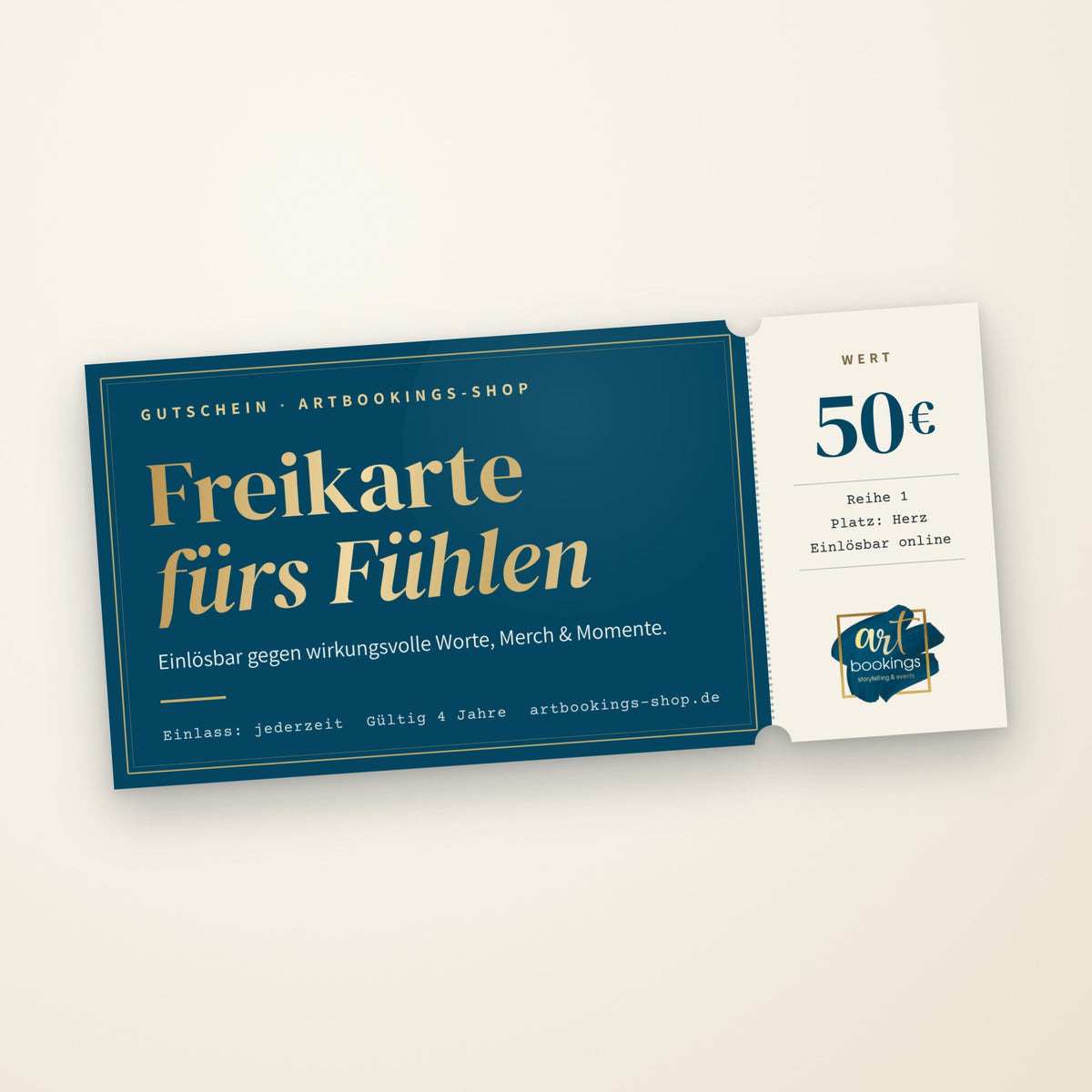 Geschenkgutschein über 50 € im Ticket-Look: Freikarte fürs Fühlen, einlösbar gegen wirkungsvolle Worte, Merch & Momente