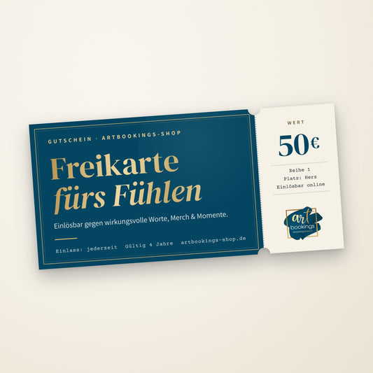 Geschenkgutschein über 50 € im Ticket-Look: Freikarte fürs Fühlen, einlösbar gegen wirkungsvolle Worte, Merch & Momente