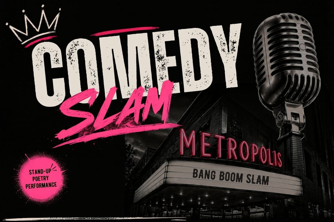 Plakatmotiv Comedy Slam im Metropolis Filmtheater Bochum mit Mikrofon und Kinofassade