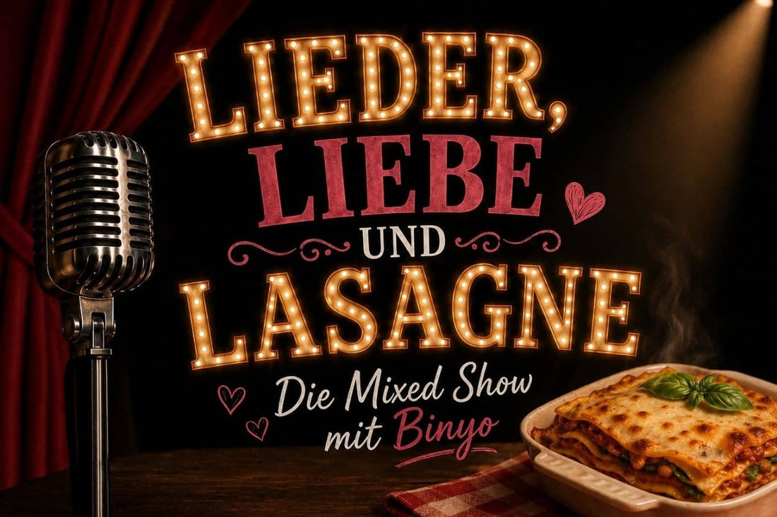 Plakatmotiv Lieder, Liebe und Lasagne – die Mixed Show mit Binyo, mit Mikrofon, Bühnenvorhang und Lasagne
