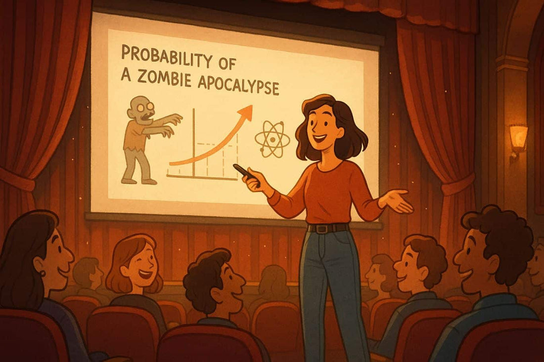Gezeichnetes Motiv: Eine Frau präsentiert im Kinosaal spontan Folien über die Wahrscheinlichkeit einer Zombie-Apokalypse – PowerPoint-Karaoke im Metropolis Bochum