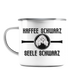 Eine Micha-El Goehre - offizielle Fan-Tasse: Kaffee schwarz - Emaille - weiß-silberne Tasse mit kunstdrucke-Design.