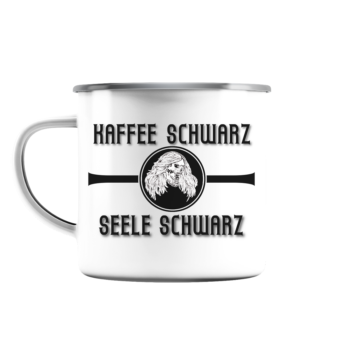 Eine Micha-El Goehre - offizielle Fan-Tasse: Kaffee schwarz - Emaille - weiß-silberne Tasse mit kunstdrucke-Design.