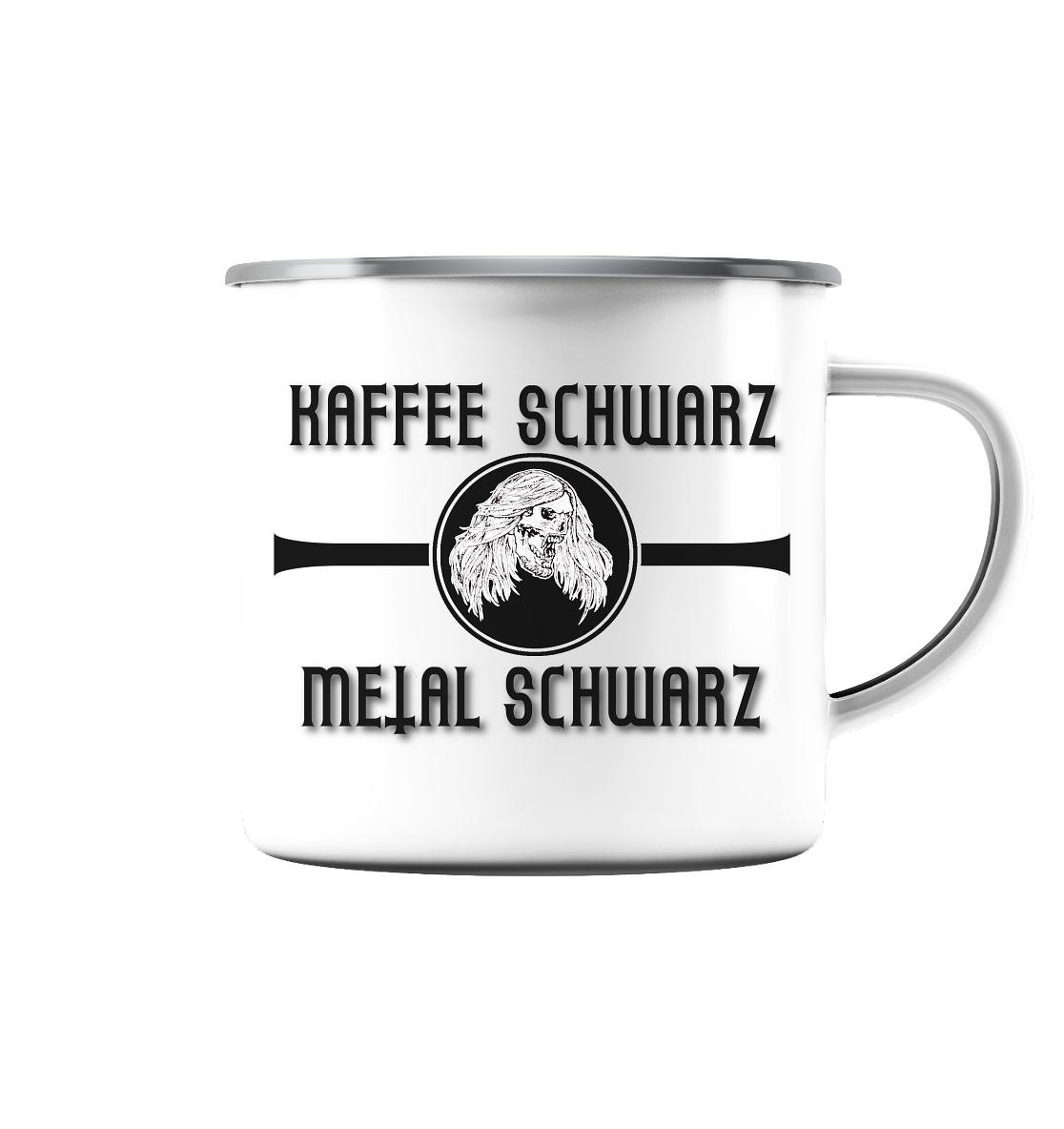 Ein Kaffeebecher - weiß-silber, produziert von Artbookings/Shirtigo, der sagt haffe schwawz metal schwawz und ein Kunstwerk