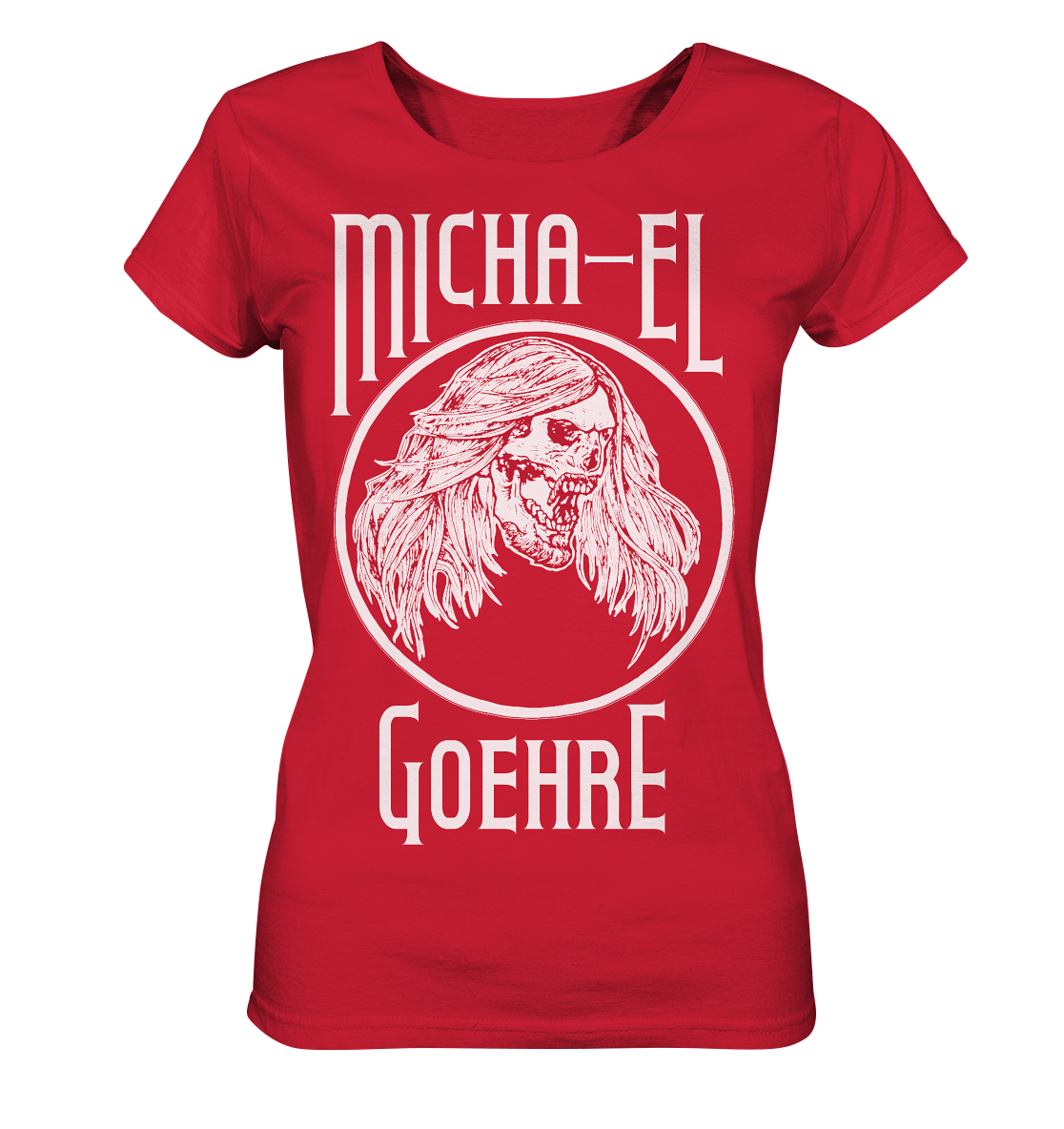 Ein feminin geschnittenes Bio-T-Shirt mit Michal-El-Goehre-Kunst, hergestellt von Artbookings.