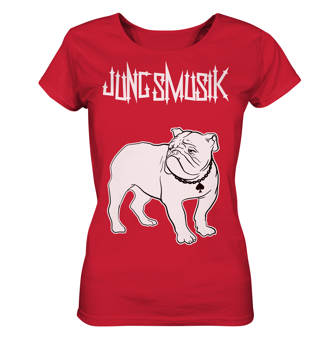 Ein Artbookings-Damen-T-Shirt mit dem Bild eines Micha-El-Goehre-Poetry-Slams – T-Shirt mit Bulldogge Lemmy – weiblicher Schnitt.