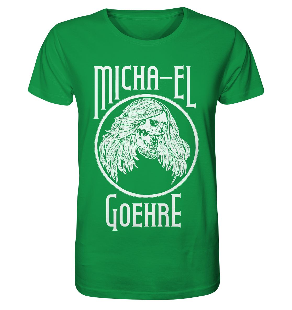 Ein Merchandise mit einem grünen Micha-El Goehre - offizielles Fan-Shirt - Bio-Shirt mit Artbookings/Shirtigo-Design.