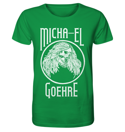 Ein Merchandise mit einem grünen Micha-El Goehre - offizielles Fan-Shirt - Bio-Shirt mit Artbookings/Shirtigo-Design.