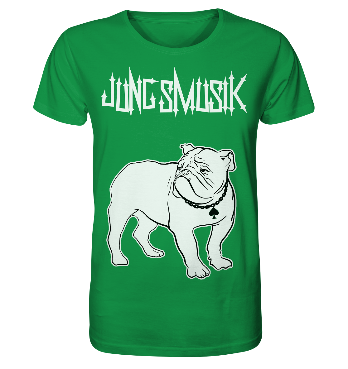 A Micha-El Goehre: Jungsmusik - T-Shirt mit Bulldogge Lemmy - Bio-Shirt von Artbookings/Shirtigo, mit einem künstlerischen Bild einer Bulldogge