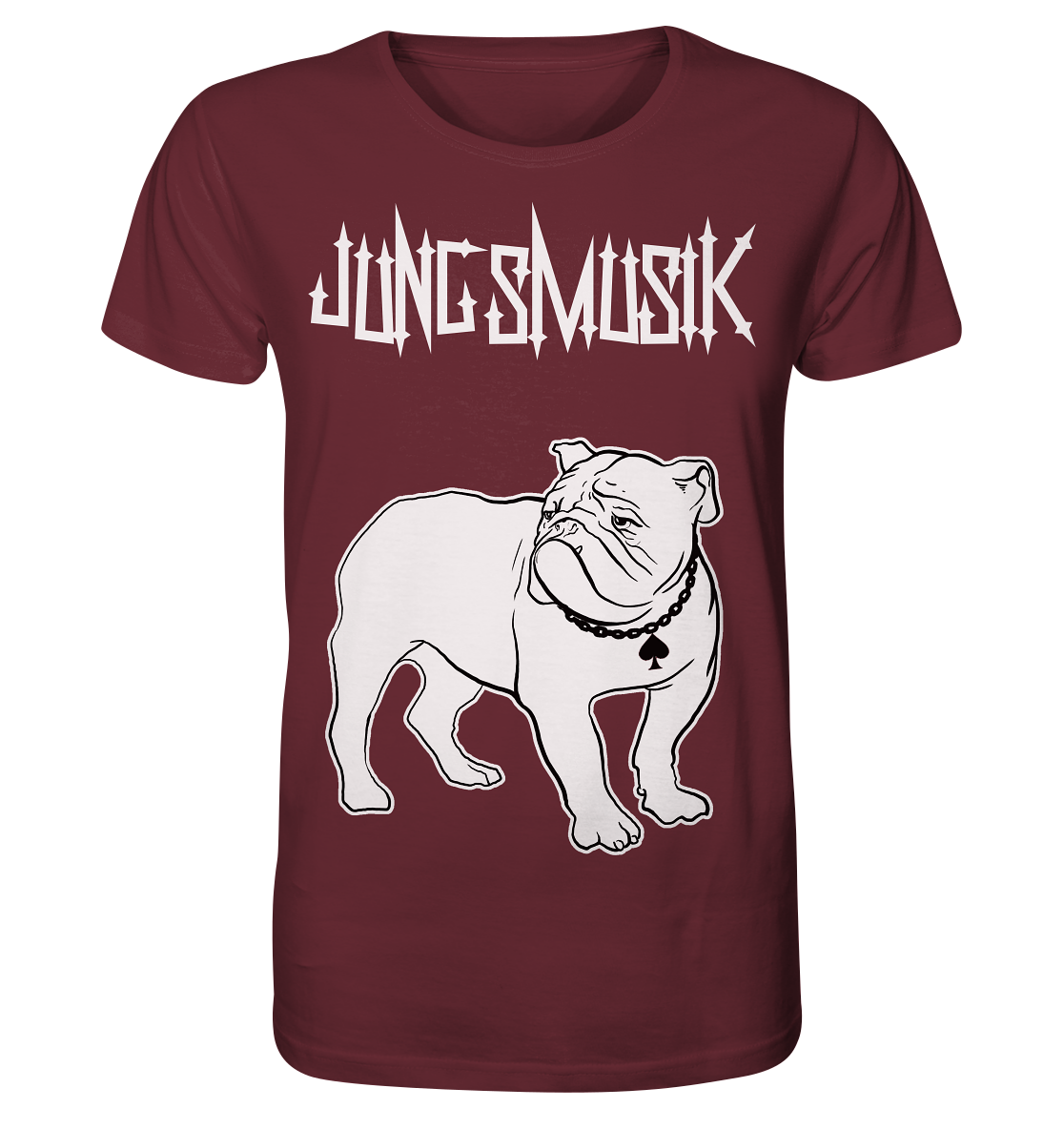 Ein Artbookings/Shirtigo-Damen-T-Shirt mit einem Bulldoggenbild, inspiriert von der Poetry-Slam-Kultur und als Merchandise erhältlich – Micha-El Goehre: Jungsmusik – T