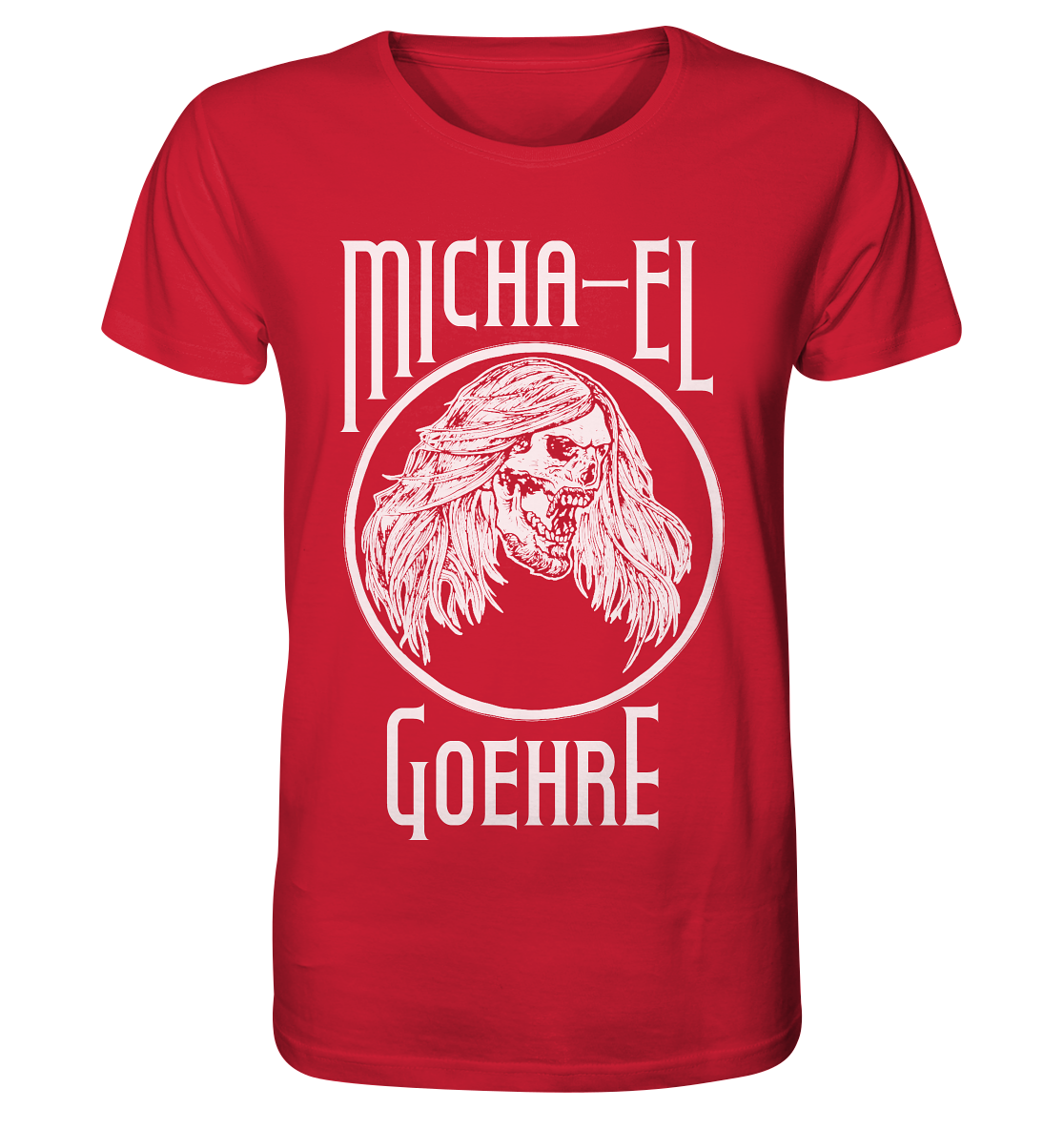 Ein rotes Micha-El Goehre - offizielles Fan-Shirt - Bio-Shirt mit Artbookings/Shirtigo-Merchandise.