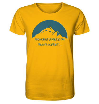 Ein gelbes T-Shirt von Artbookings mit einem vom Poetry Slam inspirierten Kunstdruck, der die poetische Tragödie des Lebens durch das ikonische Bild von Sisyphos, der einen Berg schiebt, vermittelt.